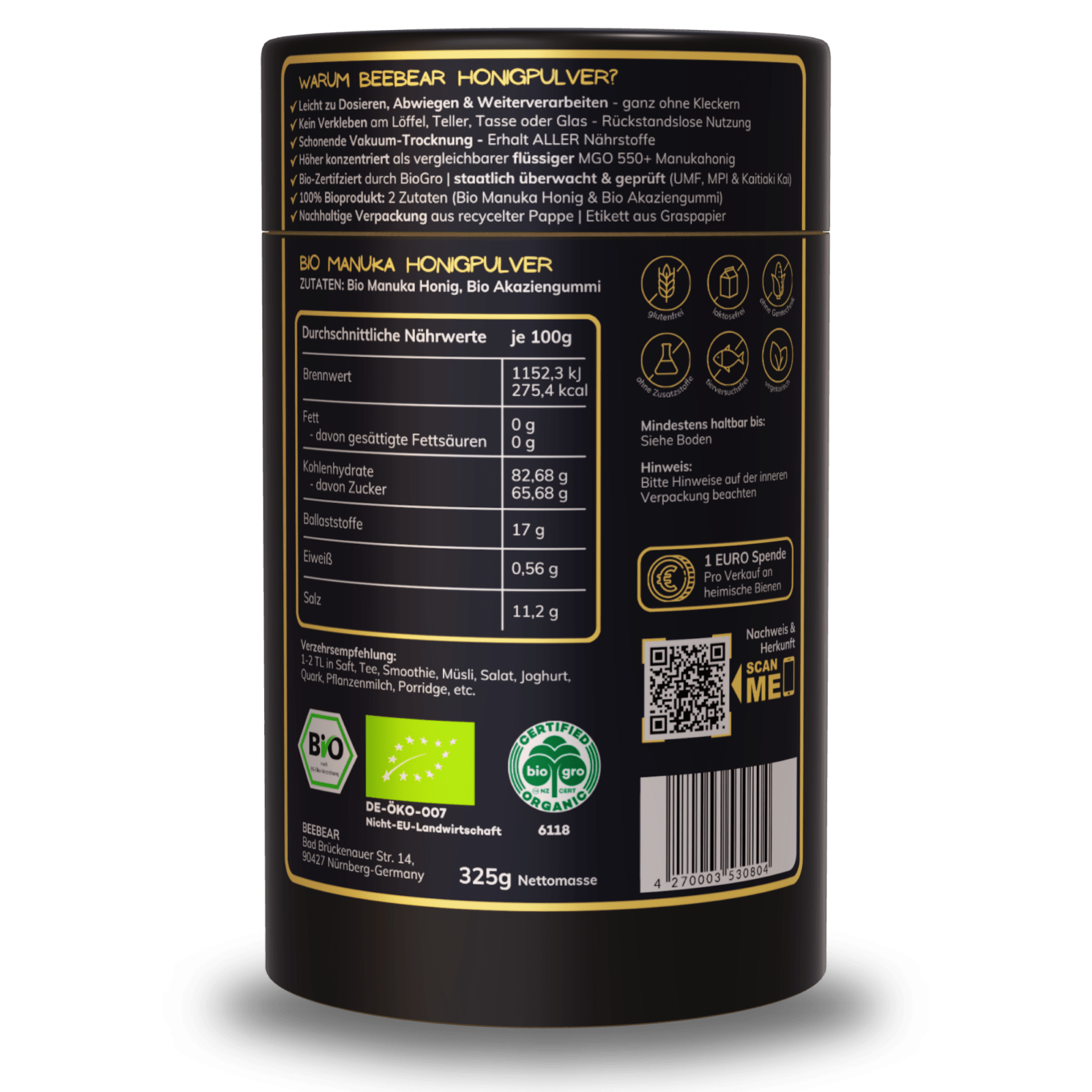 BeeBear Bio Manuka Honigpulver Rückseite